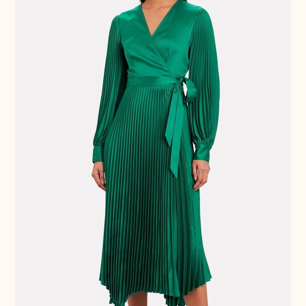 INTERMIX Allison Dress in Emerald Green, Wrap Bodice & Pleated Skirt